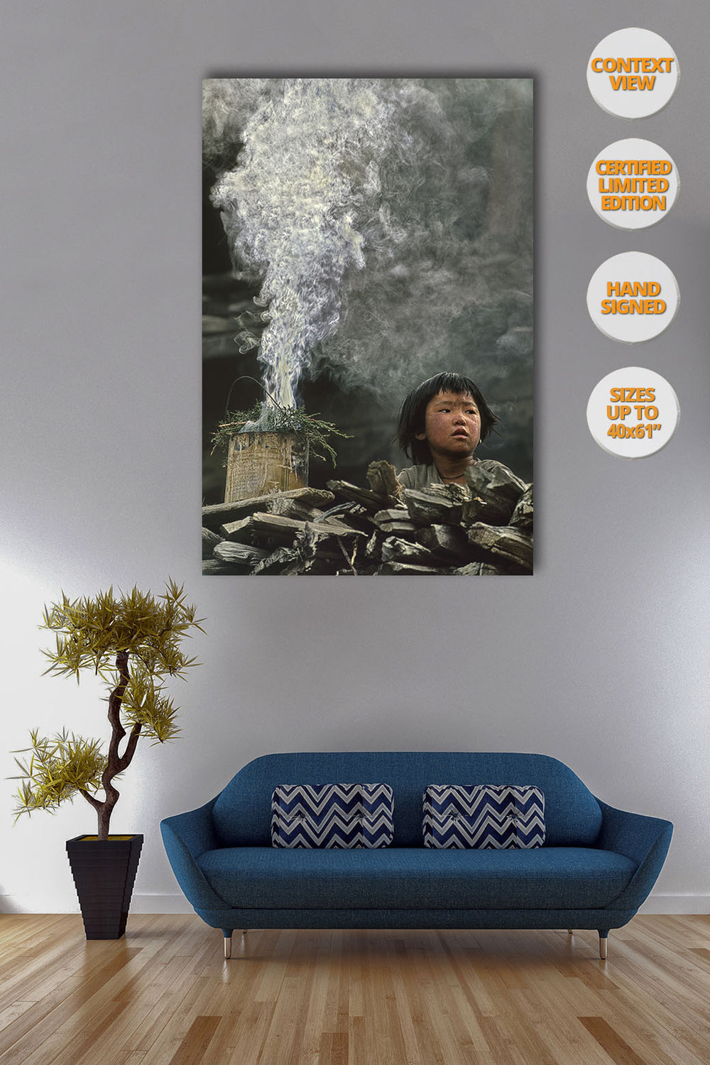 Boy and Incense smoke, Himalaya, Nepal. | View of the Print hanged over sofa.