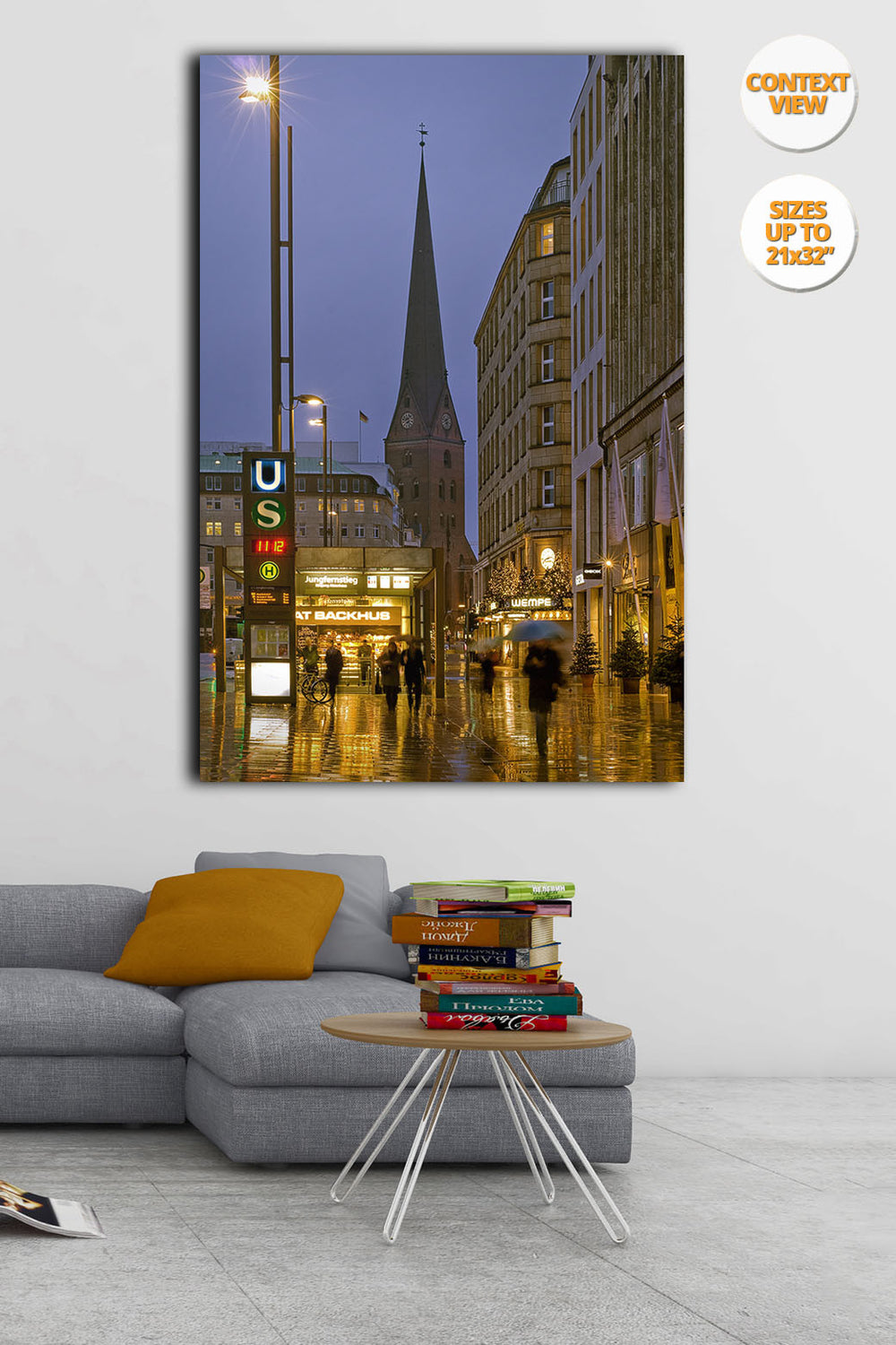 Jungfernstieg, rain, Hamburg. | View of the Print hanged over sofa.