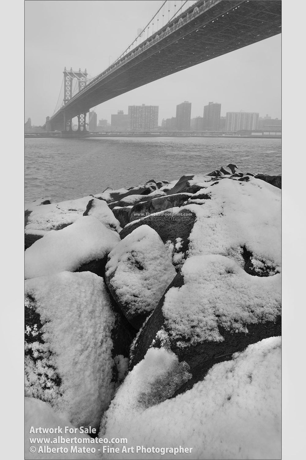 Manhattan Bridge in snow blizzard, New York. | Open Edition Print.