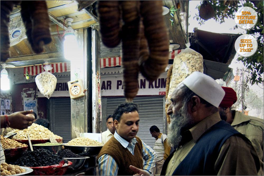Spice Bazaar near Chandni Chowk, Old Delhi. | View of the Print at 50% magnification detail.