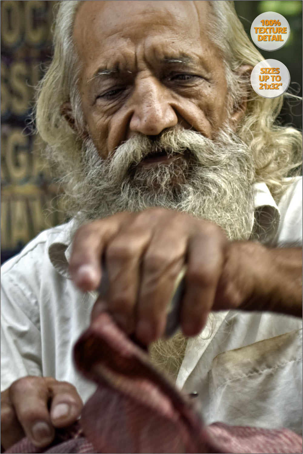 Portrait of sweets street seller, Chandni Chowk, Delhi. | 100% Magnification Detail View of the Print.