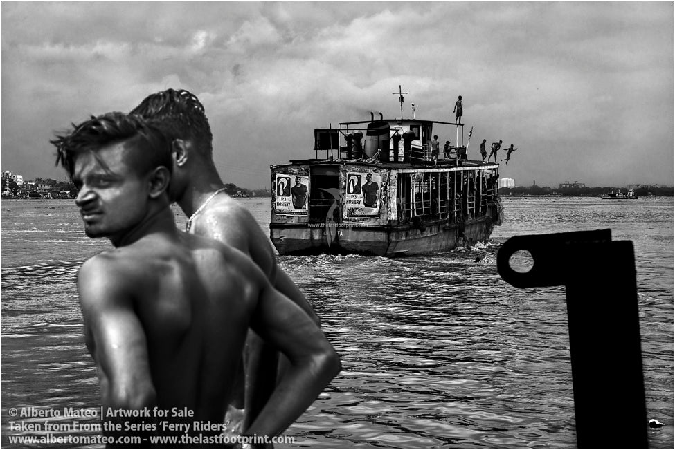 Ferry Riders on dock, Kolkata, India.