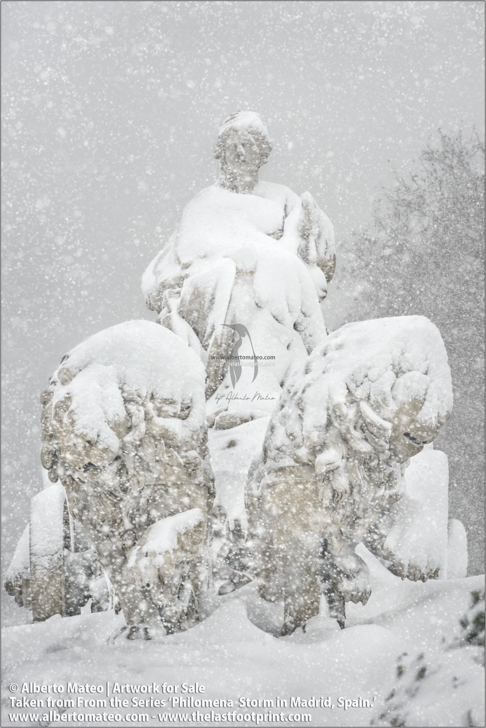 Snow on Cibeles Sculpture, Filomena Winter Snow Storm, Madrid, Spain.