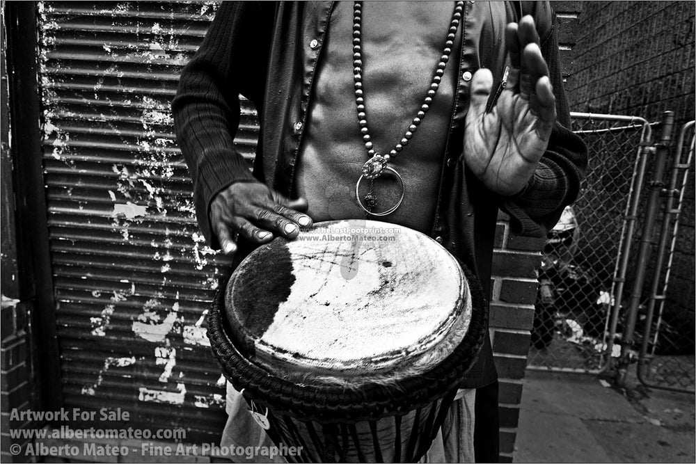 Man playing drums, Kensington Market, Toronto. | Original Black and White Print.