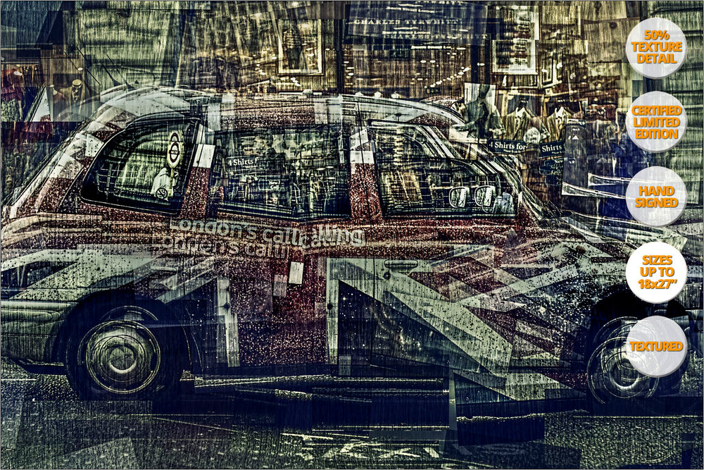 Taxi dressed with the Union Jack flag parked in the Regent Street, London, United Kingdom.
