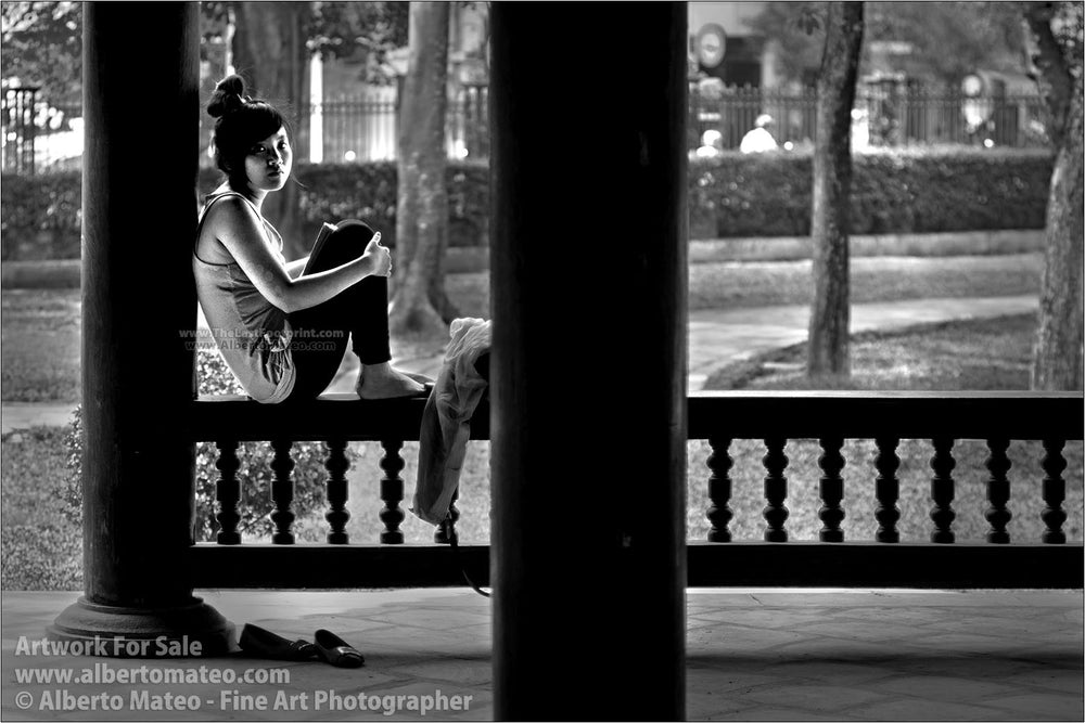 Girl reading in Temple, Hanoi, Vietnam. | Black and White Fine Art Print.