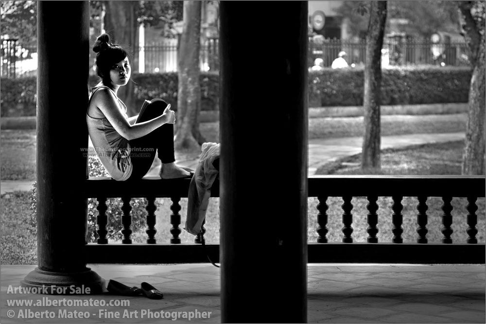 Girl reading in Temple, Hanoi, Vietnam. | Black and White Fine Art Print.