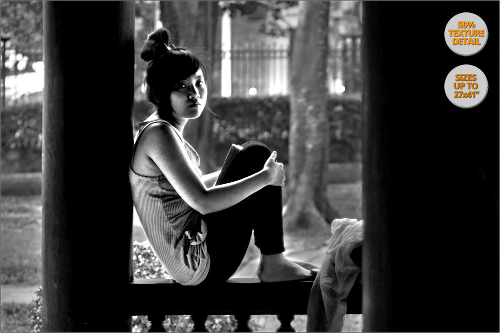 Girl reading in Temple, Hanoi, Vietnam. | 50% Magnification Detail.