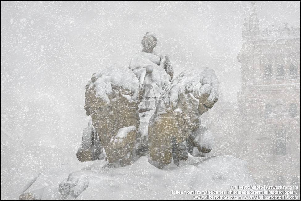 Cibeles Monument under the snow, Filomena Winter Snow Storm, Madrid, Spain.