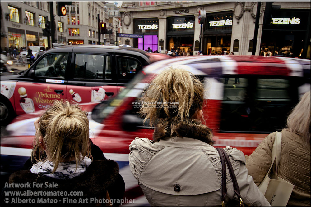 Women waiting at traffic lights in Oxford Circus, London. | Open Edition Print.