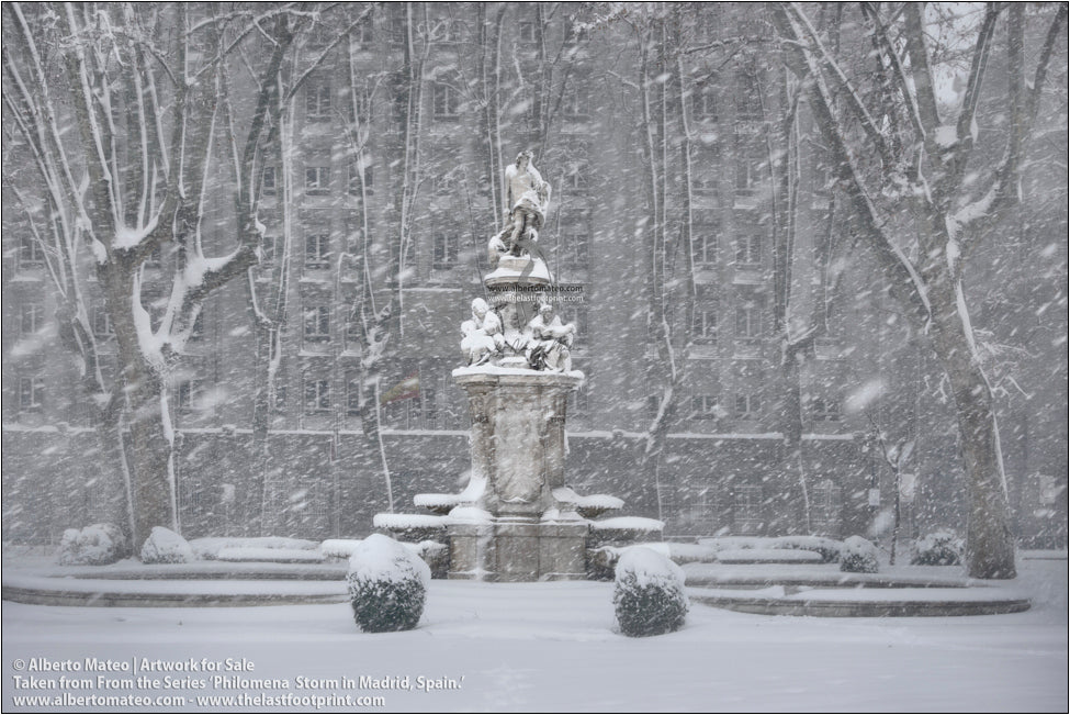 Monument under the snow, Paseo del Prado, Filomena Winter Snow Storm, Madrid, Spain.