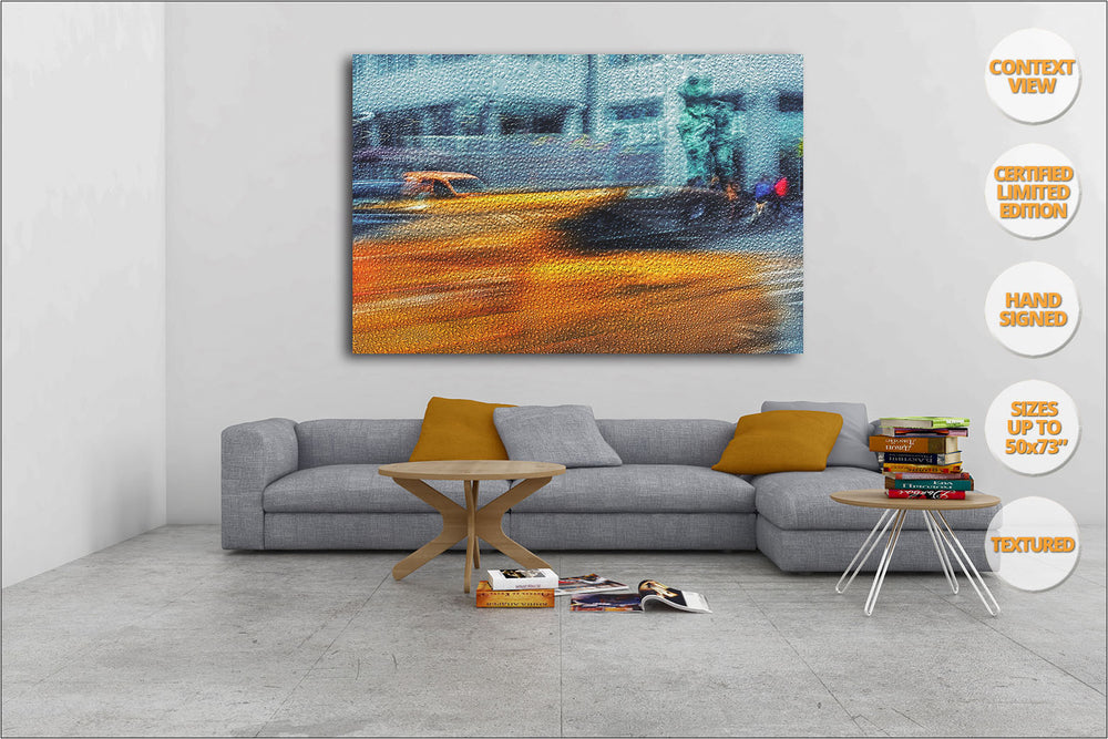 Taxis under Venus sculpture, 6th Avenue, New York. | Living Room View.