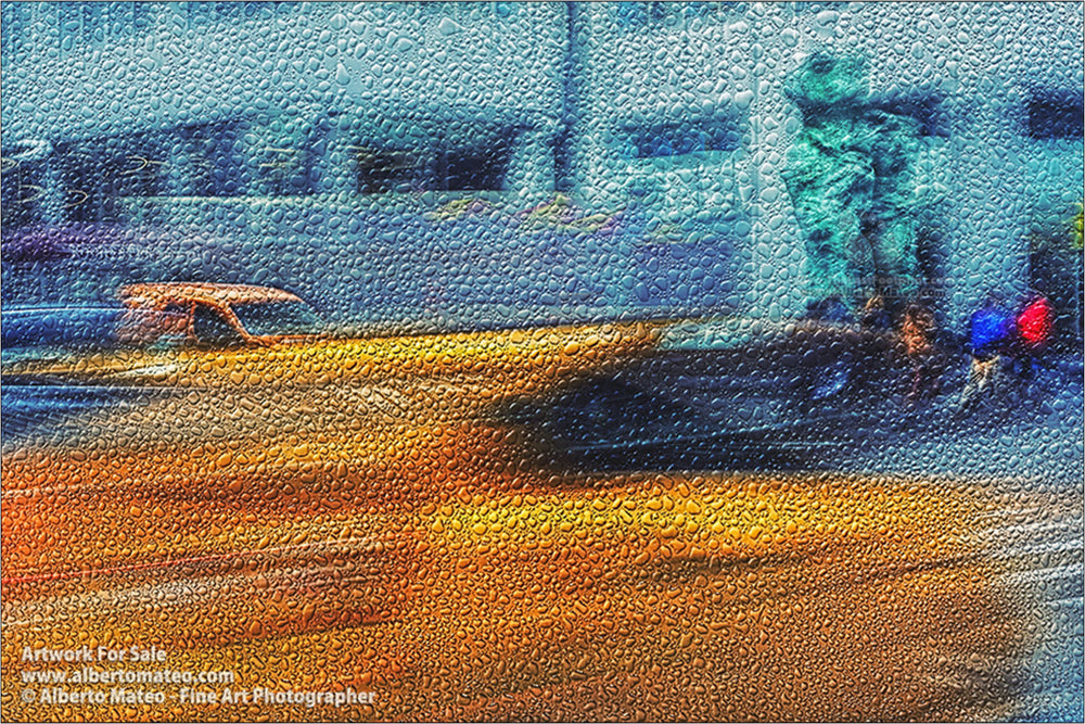 Taxis under Venus sculpture, 6th Avenue, New York.