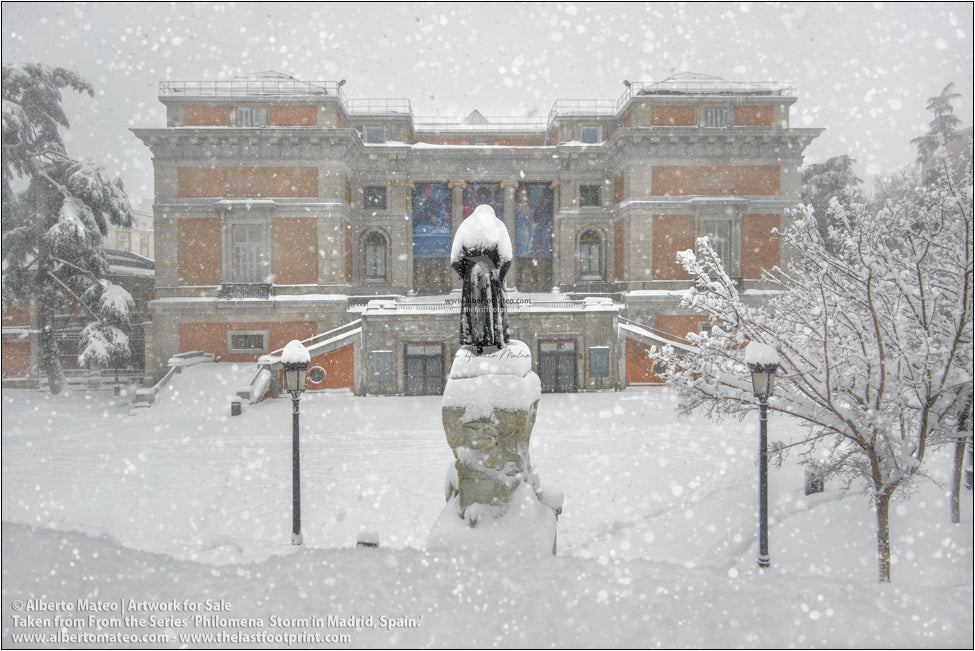 Goya Sculpture and Museo del Prado, Filomena Winter Snow Storm, Madrid, Spain.
