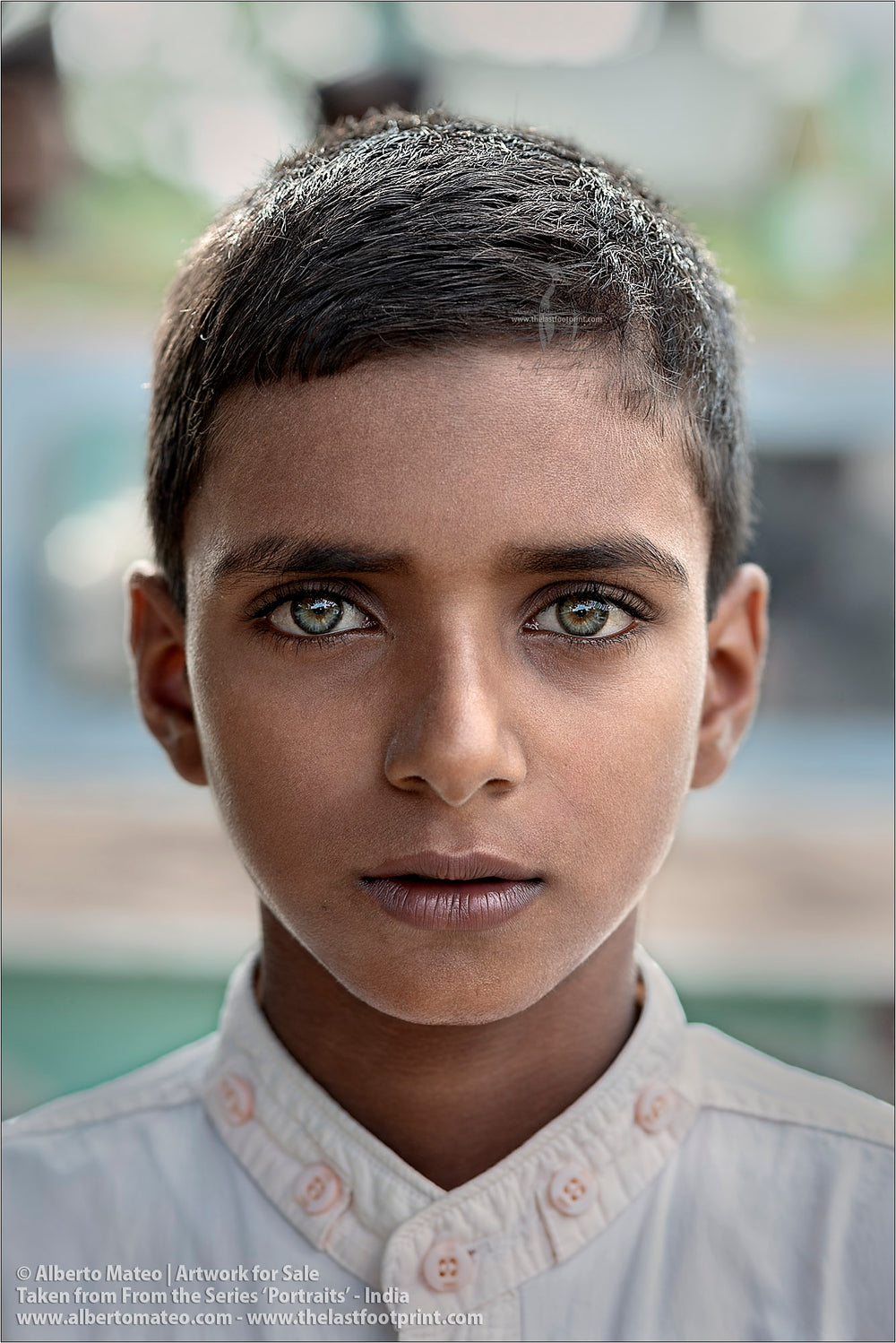 Portrait of green-eyed Muslim Boy, Ballia, Uttar Pradesh, India. [COLOR]