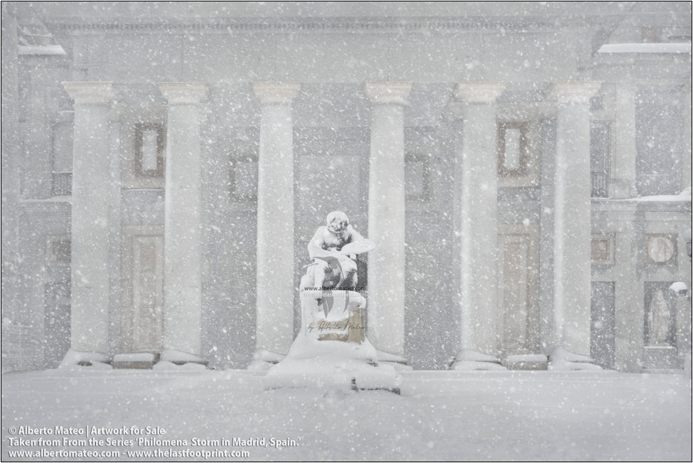 Velazquez Monument and Museo del Prado, Filomena Winter Snow Storm, Madrid, Spain.