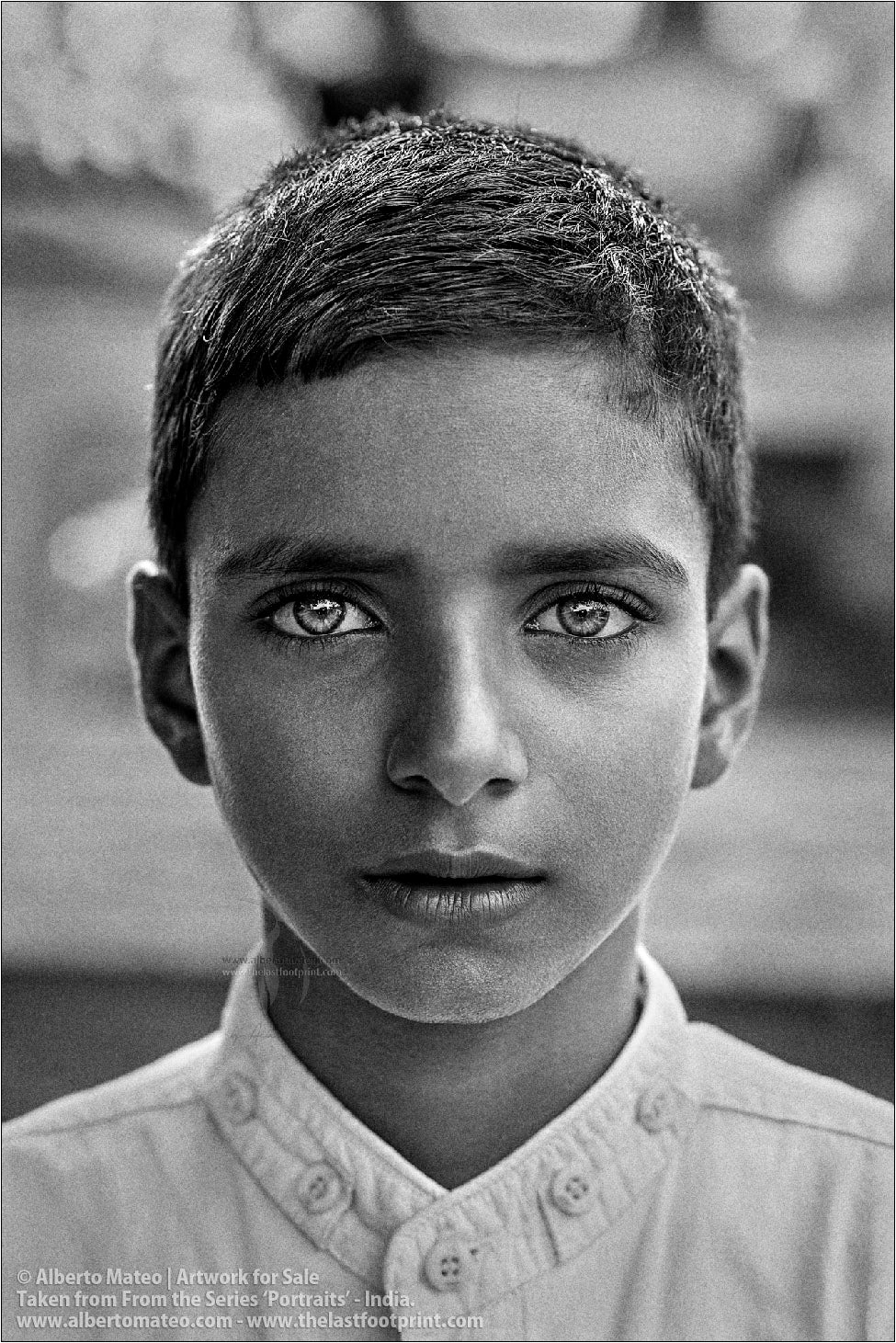Portrait of green-eyed Muslim Boy, Ballia, Uttar Pradesh, India. [BLACK AND WHITE]