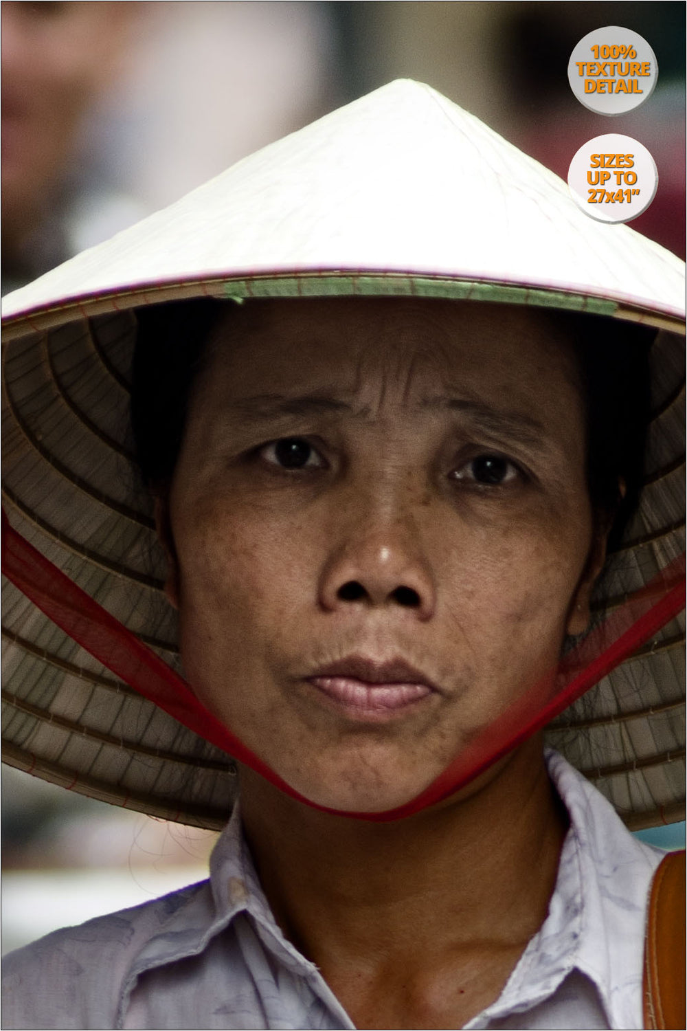 Woman selling hats in Hanoi old quarters. | 100% Magnification Detail View of the Print.