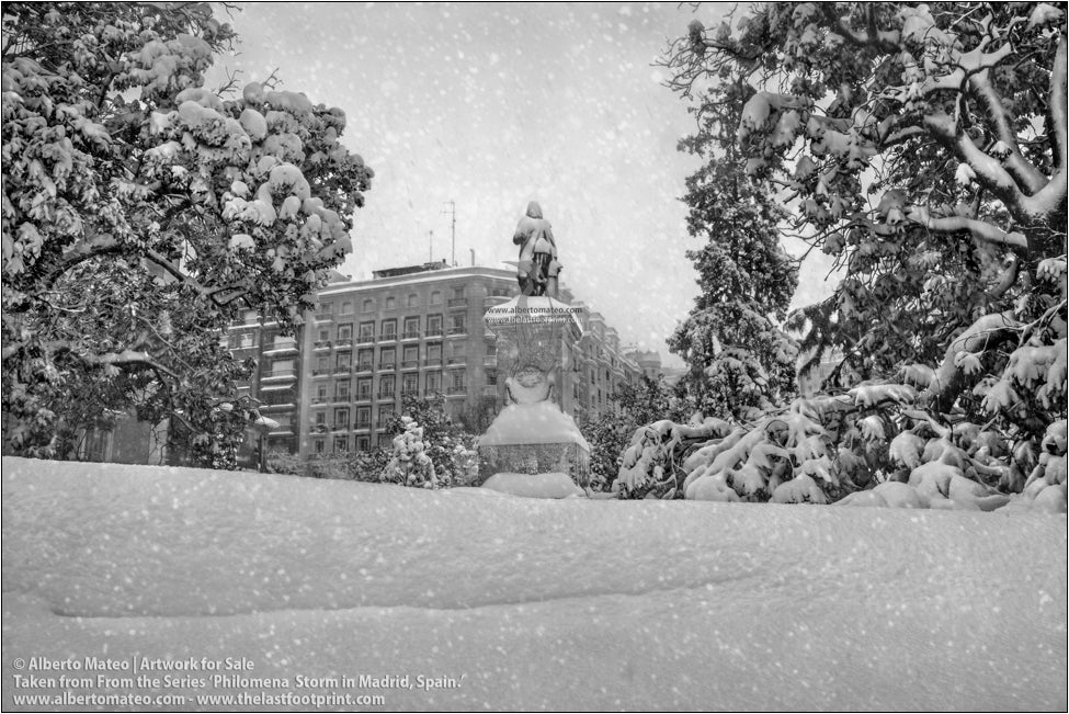 Murillo Monument and Museo del Prado, Filomena Winter Snow Storm, Madrid, Spain.