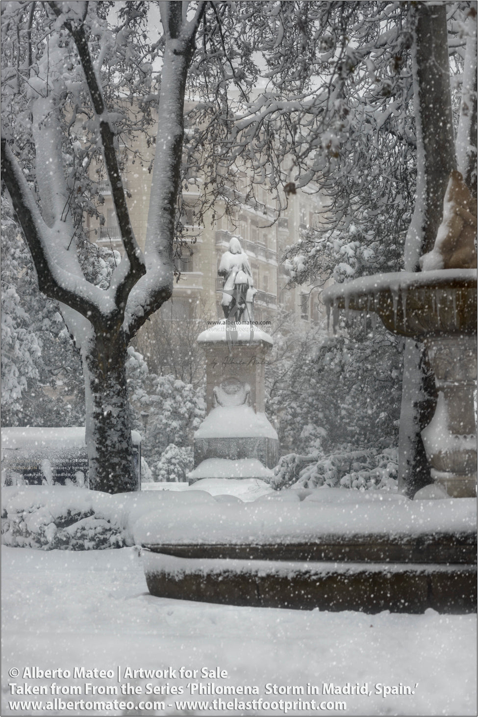 Murillo Monument and Museo del Prado in snow, Filomena Winter Snow Storm, Madrid, Spain.