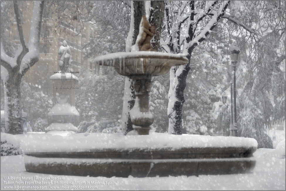 Murillo Monument and Museo del Prado, snow, Filomena Winter Snow Storm, Madrid, Spain.