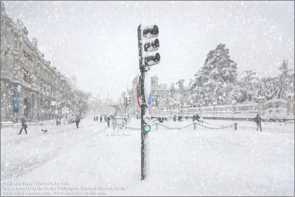 Traffic light in Alcala Street, Filomena Winter Snow Storm, Madrid, Spain.