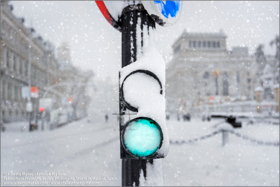 Traffic light detail, Calle Alcala, Filomena Winter Snow Storm, Madrid, Spain.