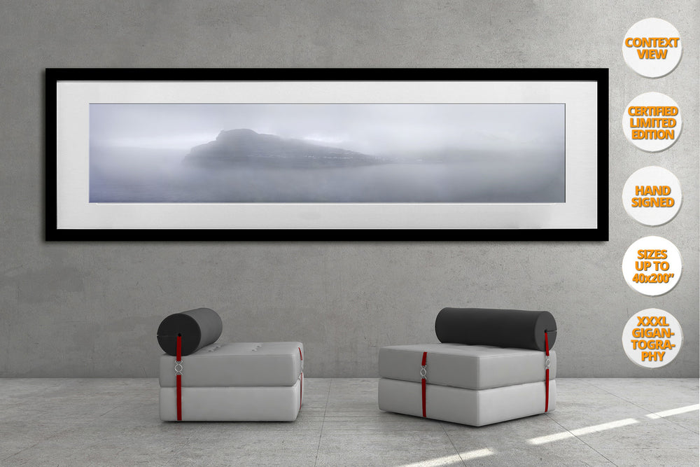 Fog in Eidi, Faroe Islands. | Panoramic Print hanged in living room.
