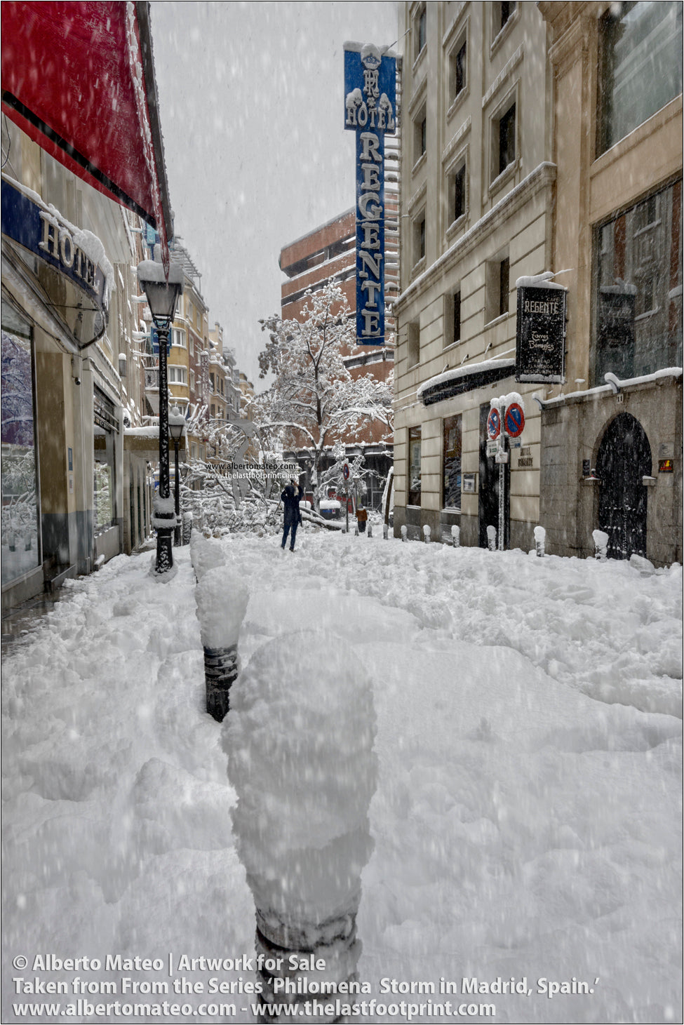 Hotel Regente, Calle Mesonero Romanos, Filomena Winter Snow Storm, Madrid, Spain.