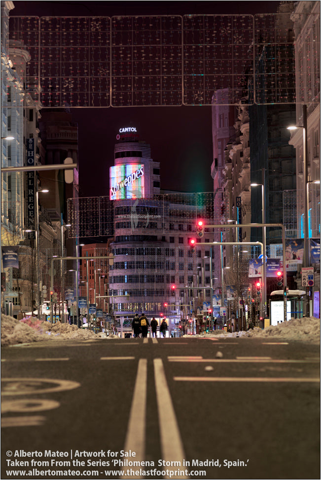 Edificio Capitol, Filomena Winter Snow Storm, Madrid, Spain.