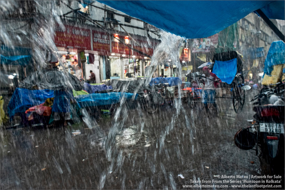 Rickshaw under Heavy Downpour, Bara Bazar, Kolkata, Bengal, India.