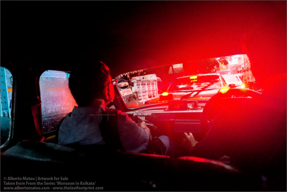 Rainy night in a Taxi, Kolkata, Bengal, India.