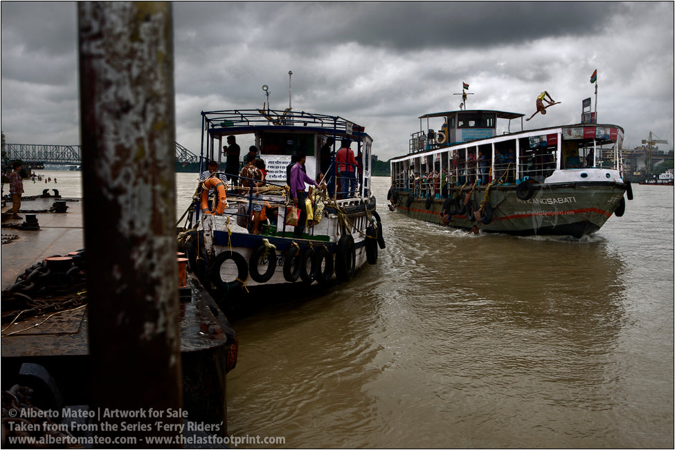 Boys riding ship in Hooghly River [Color], Kolkata, India.