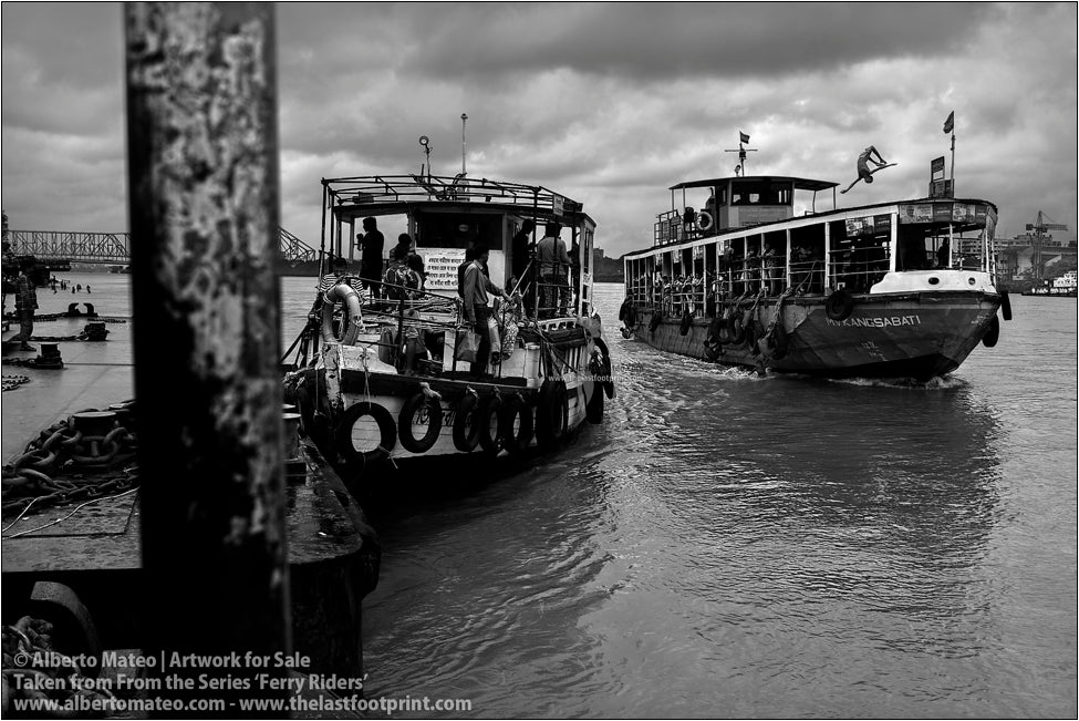 Boys riding ship in Hooghly River [Black and White], Kolkata, India.