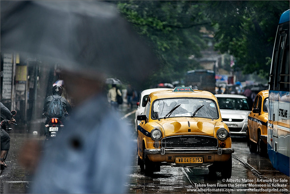 Traffic in BBD Bag, Monsoon rain Kolkata, Bengal, India.