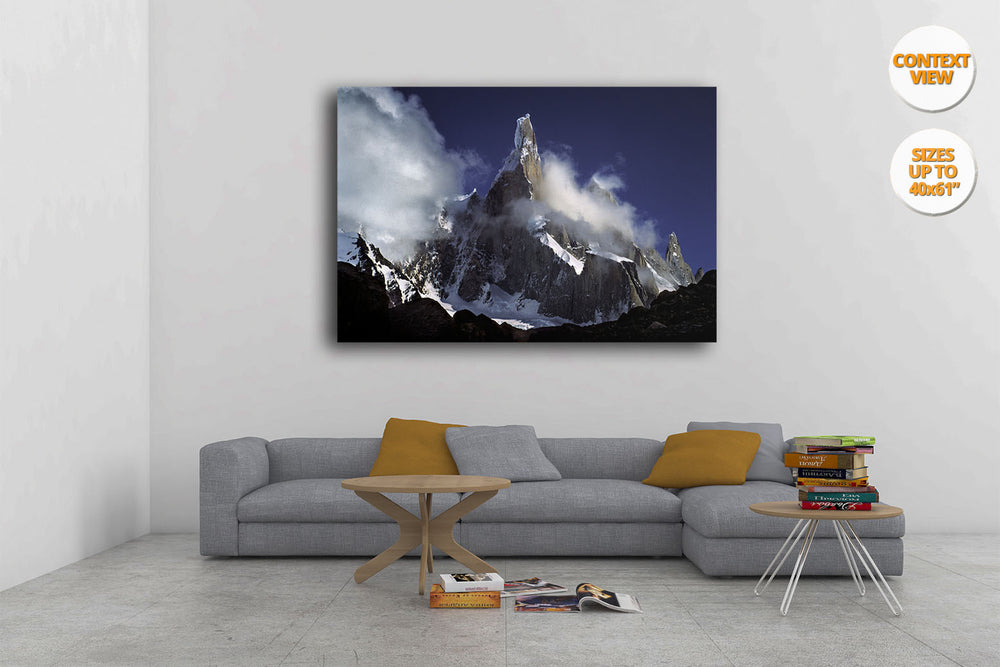 Clouds over Cerro Torre, Patagonia, Argentina. | Print hanged over sofa.