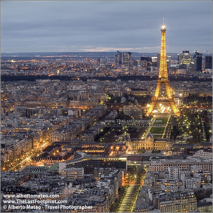 Eiffel Tower at dusk, aerial view of Paris, France. | Square view.
