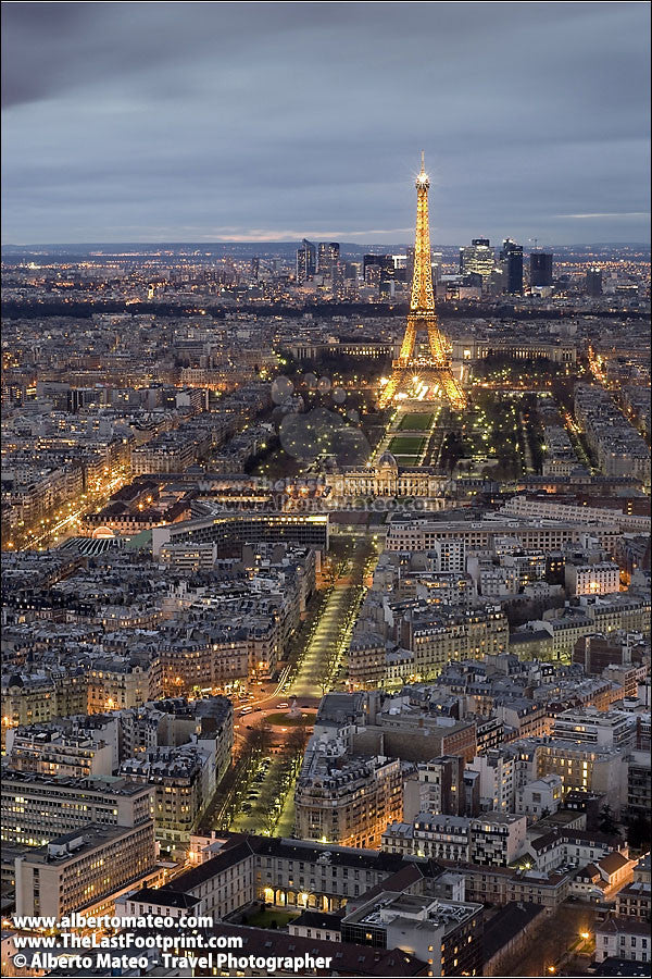 Eiffel Tower at dusk, aerial view of Paris, France. | Full view.
