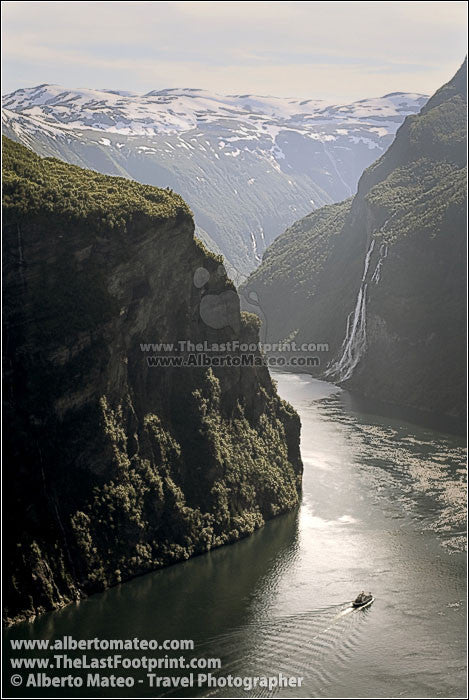 Ship under the cliffs in Geiranger Fiord, Norway. | Open Edition Print.