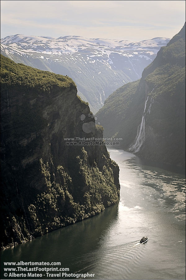 Ship under the cliffs in Geiranger Fiord, Norway. | Open Edition Fine Art Print.