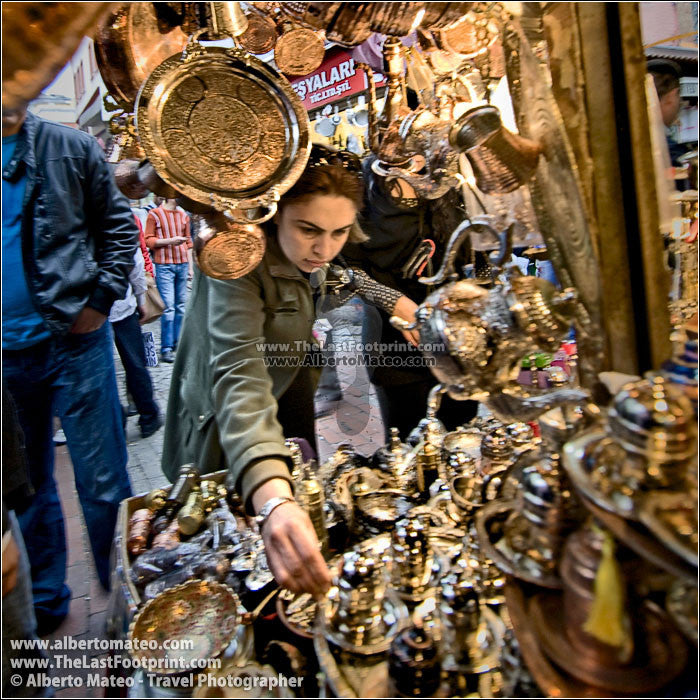 Woman buying in Egyptian (or Spice Bazaar), Istanbul, Turkey. | Cropped Square.