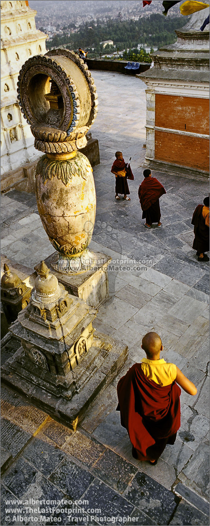 Buddist monks in Swayambunath Stupa, Kathmandu, Nepal.