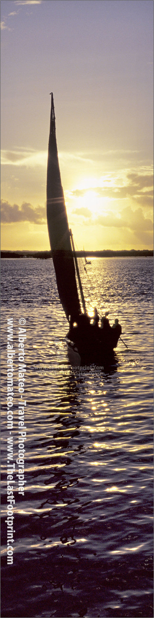 Dhow sailing at sunrise, Lamu Island, Kenya. | Vertical Print.