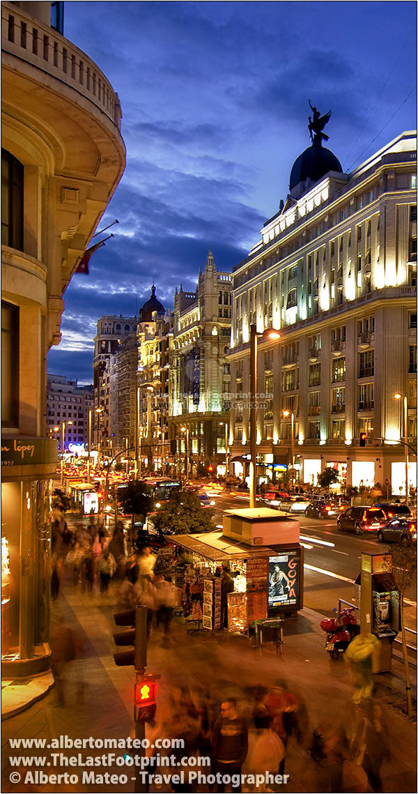 Gran Via at dusk, Madrid, Spain. | Open Edition Fine Art Print.