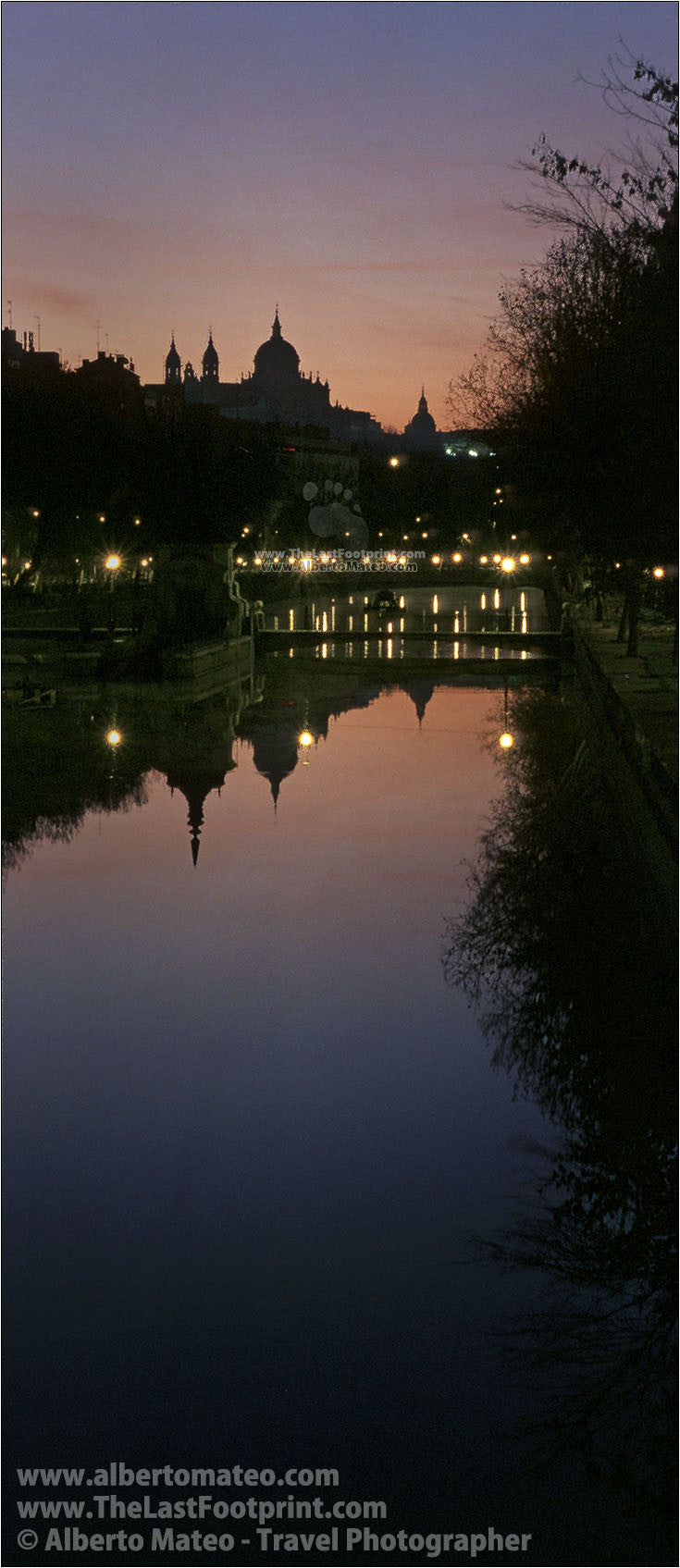 La Almudena Cathedral at sunrise, Manzanares river, Madrid, Spain.