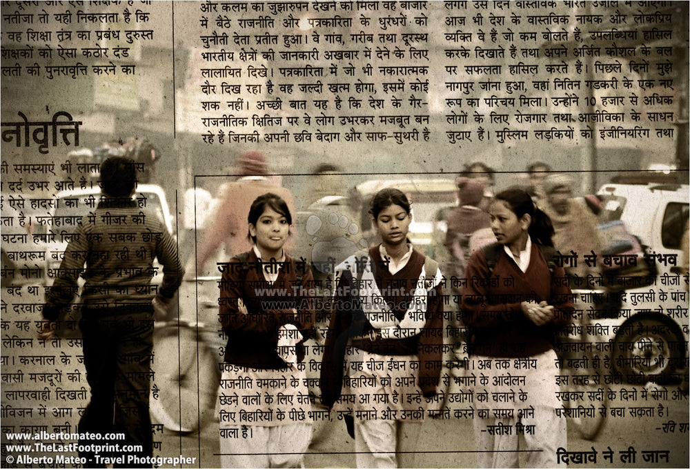 Girls going to school, early morning, New Delhi, India.