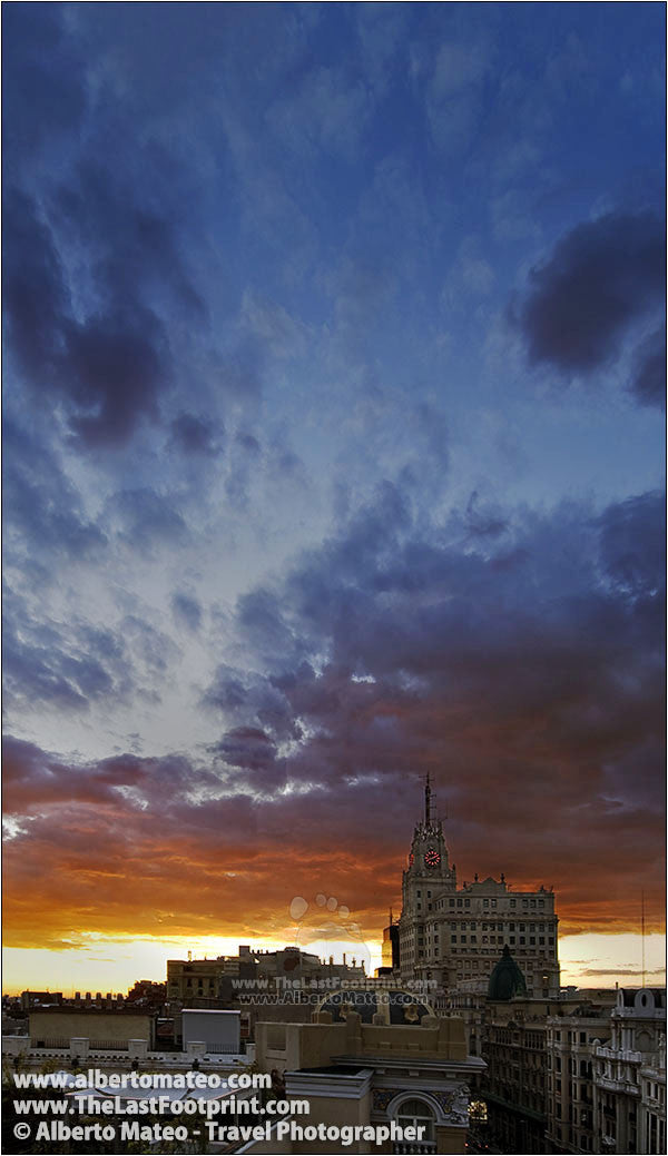 Telefonica Building at sunset, Gran Via, Madrid, Spain. | Open Edition Fine Art Print.