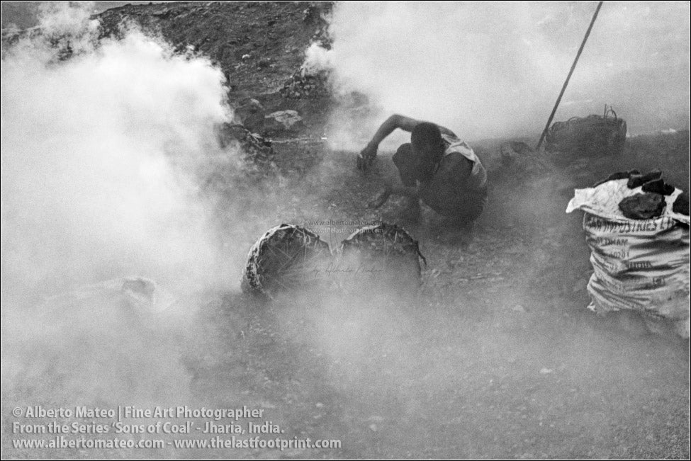 Man with Coal Bags next to Bonfire, Sons of Coal Series.
